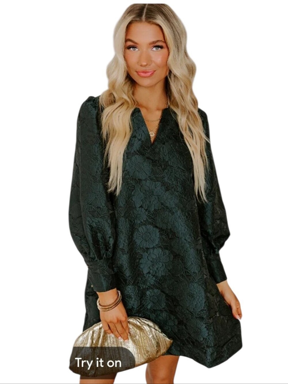 Women's Entro Green Jacqured Long Sleeve Dress Sz Medium